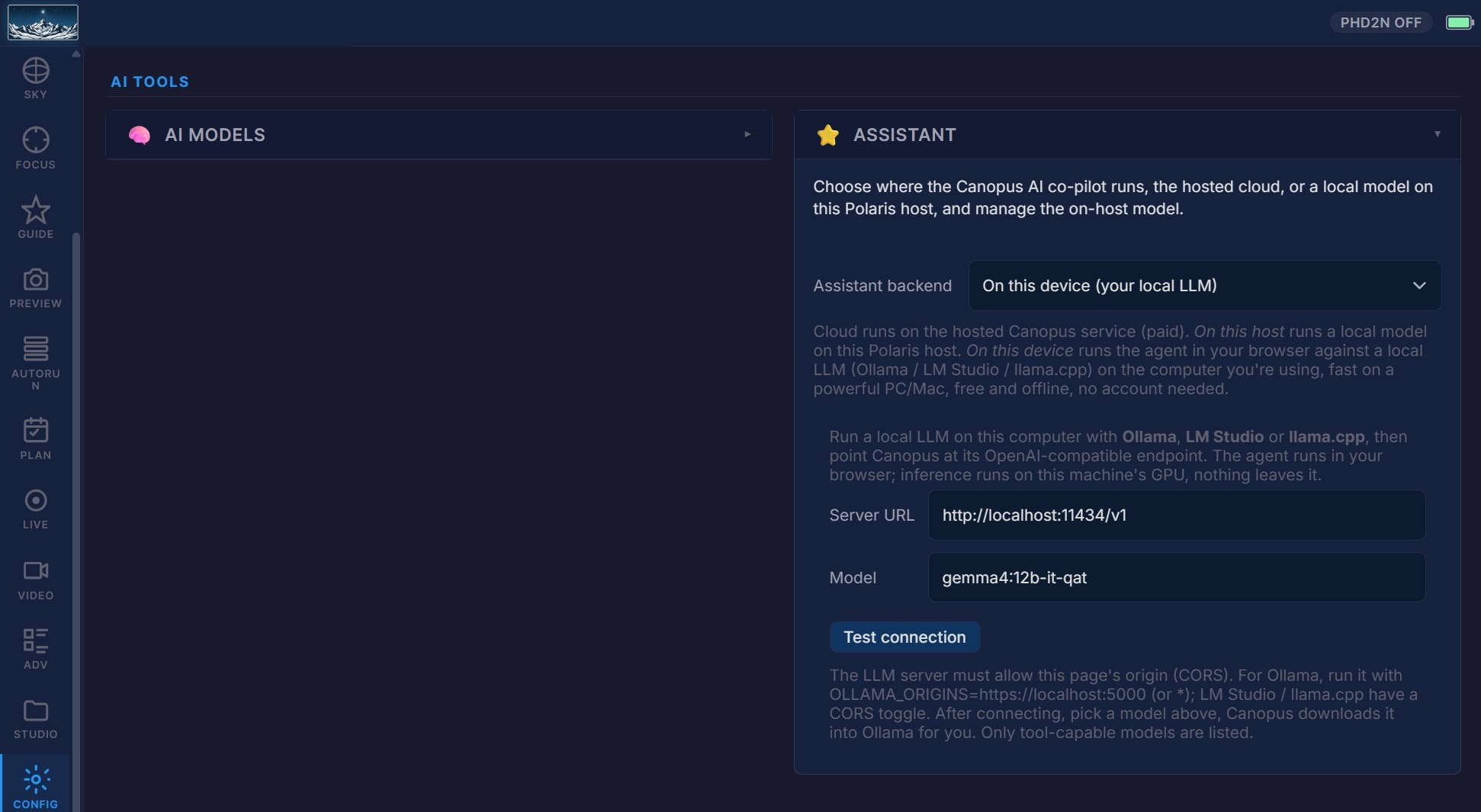 Choosing the backend in Settings, Assistant: cloud, on this host, or on this device, each with its own controls.