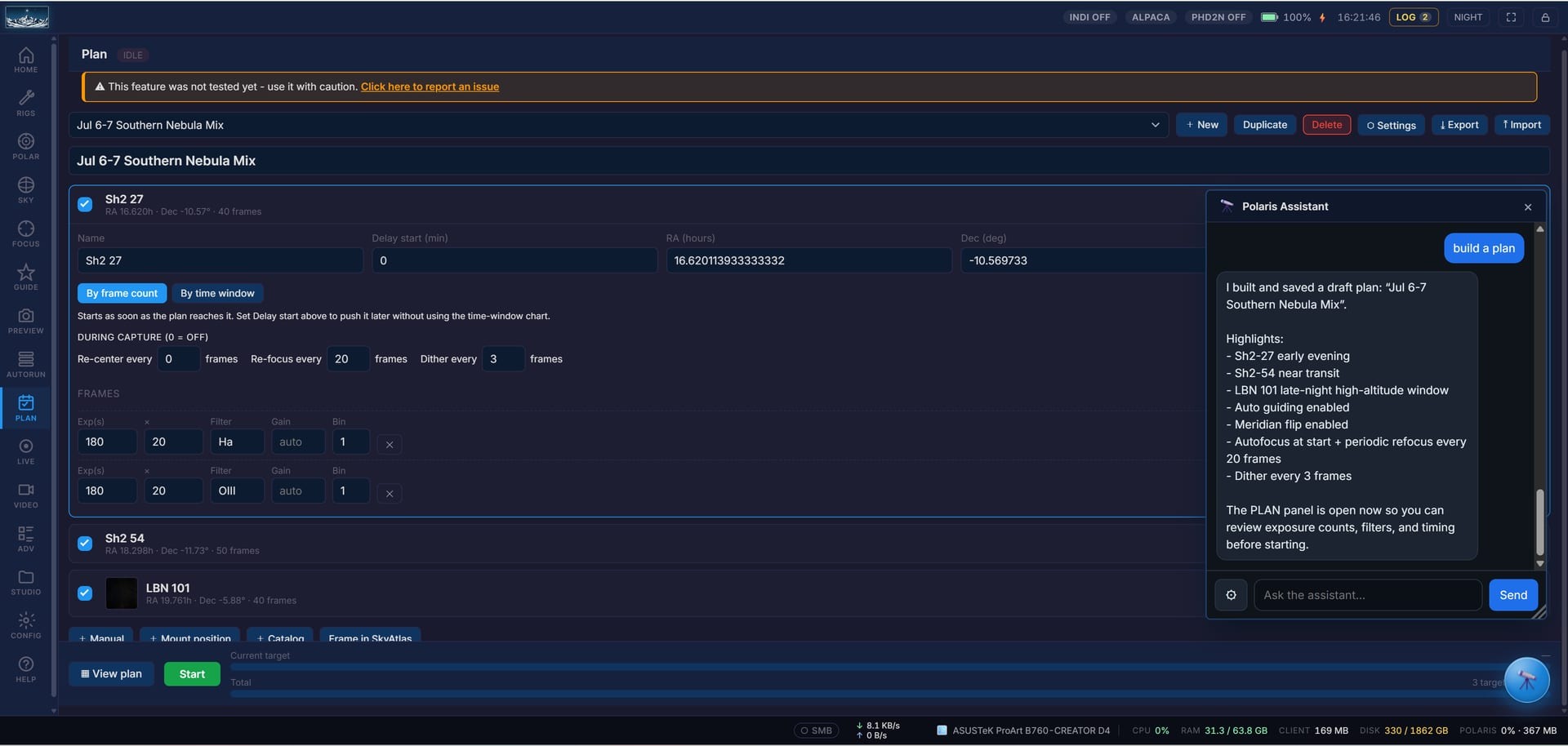 It builds a full night plan in PLAN mode (targets, exposures, autofocus and dither) for you to review before it starts.