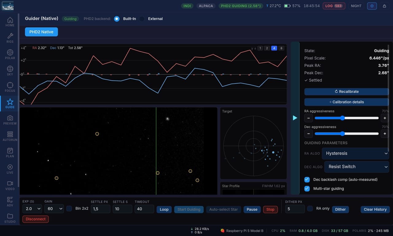 Live guiding graph with RA and Dec error tracking