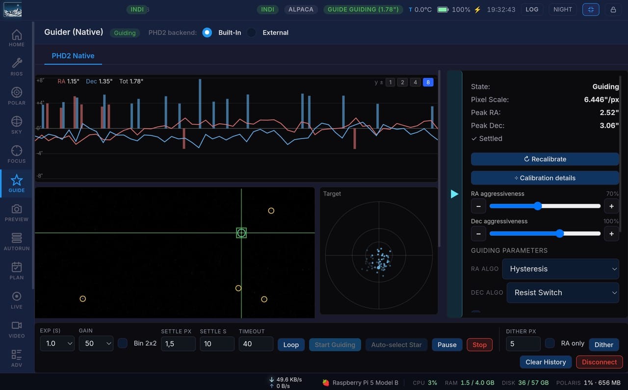 Native guiding: the RA/Dec error graph, guide-star field, and calibration panel