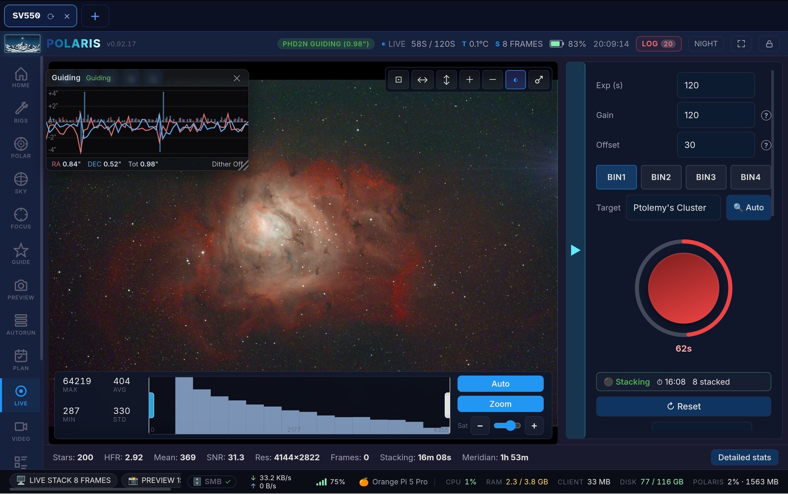 Polaris Astro Controller live stacking view