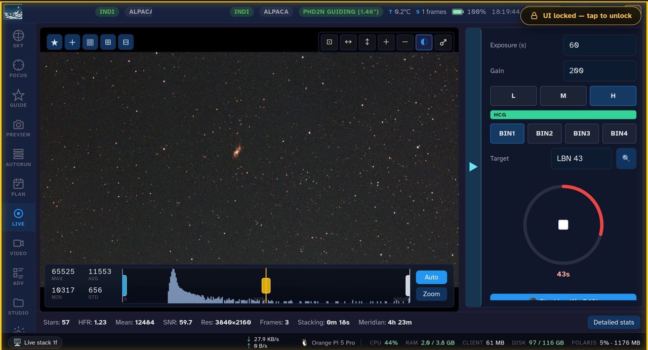 Live stacking LBN 43 from a browser over the local network