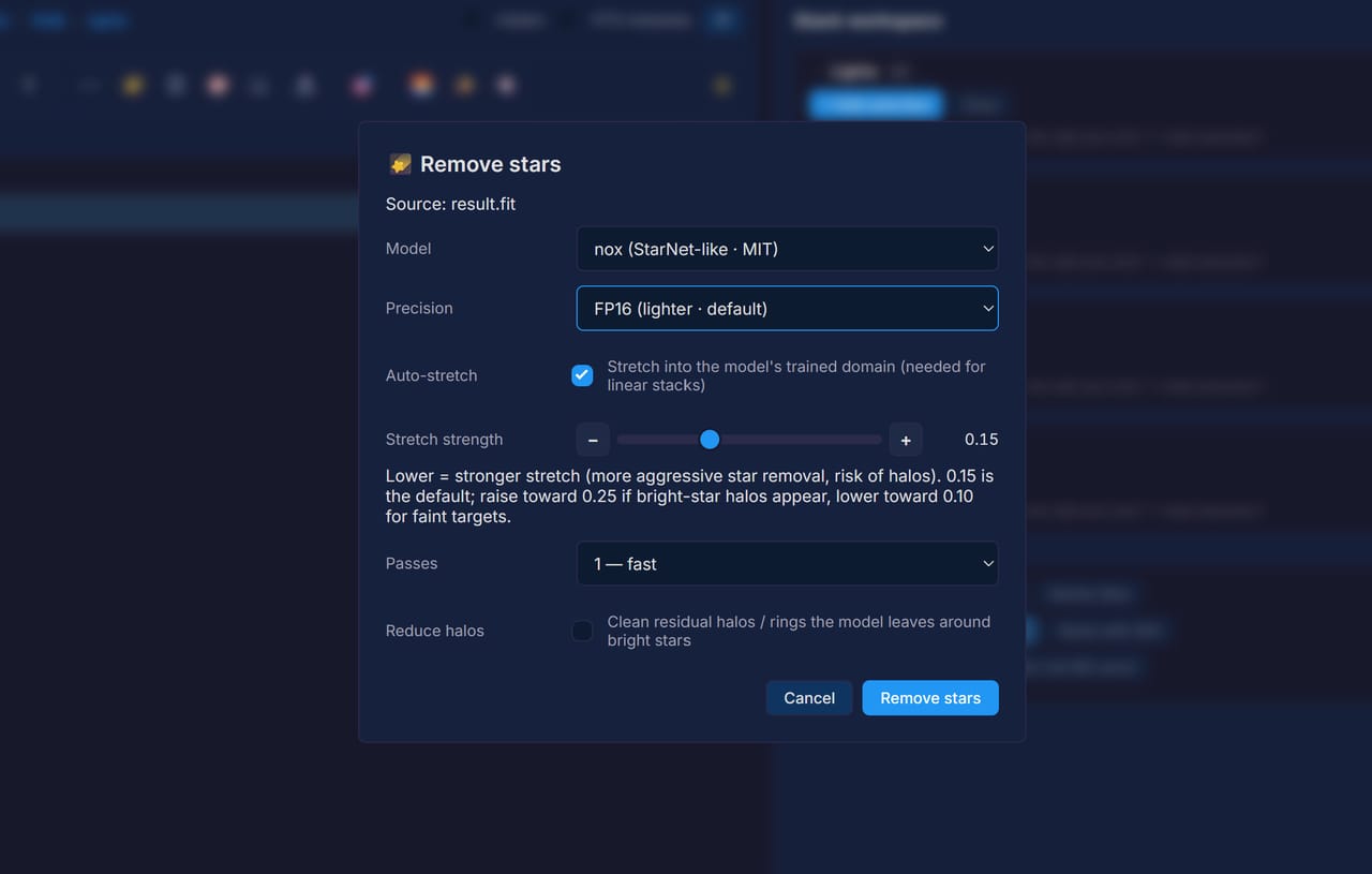 Remove stars: pick a model, set precision, and tune halo cleanup