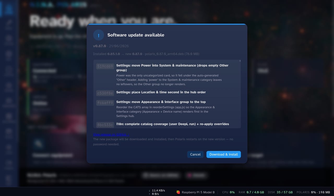 The in-app software update modal with release notes and a Download & install button