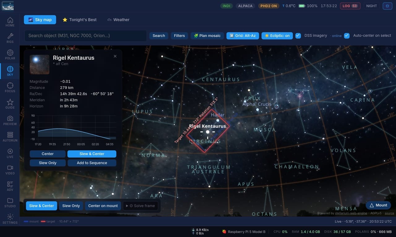Sky explorer with slew & center